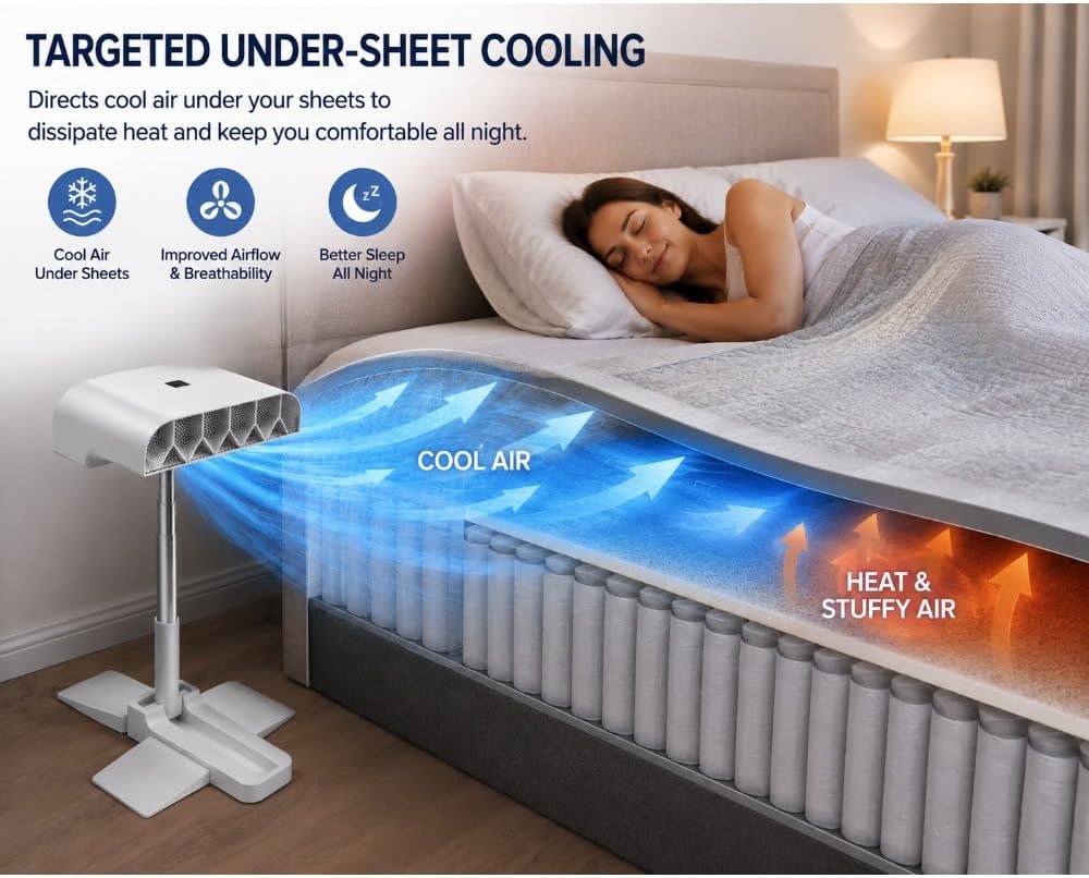 Rechargeable Cooling Bed Fan Under Sheets,Under Sheet Bed Cooling Fan for Hot Sleepers & Night Sweats,Fits all Mattress Heights,Adjustable Beds Coolings System with 5 Speeds and Remote (White)