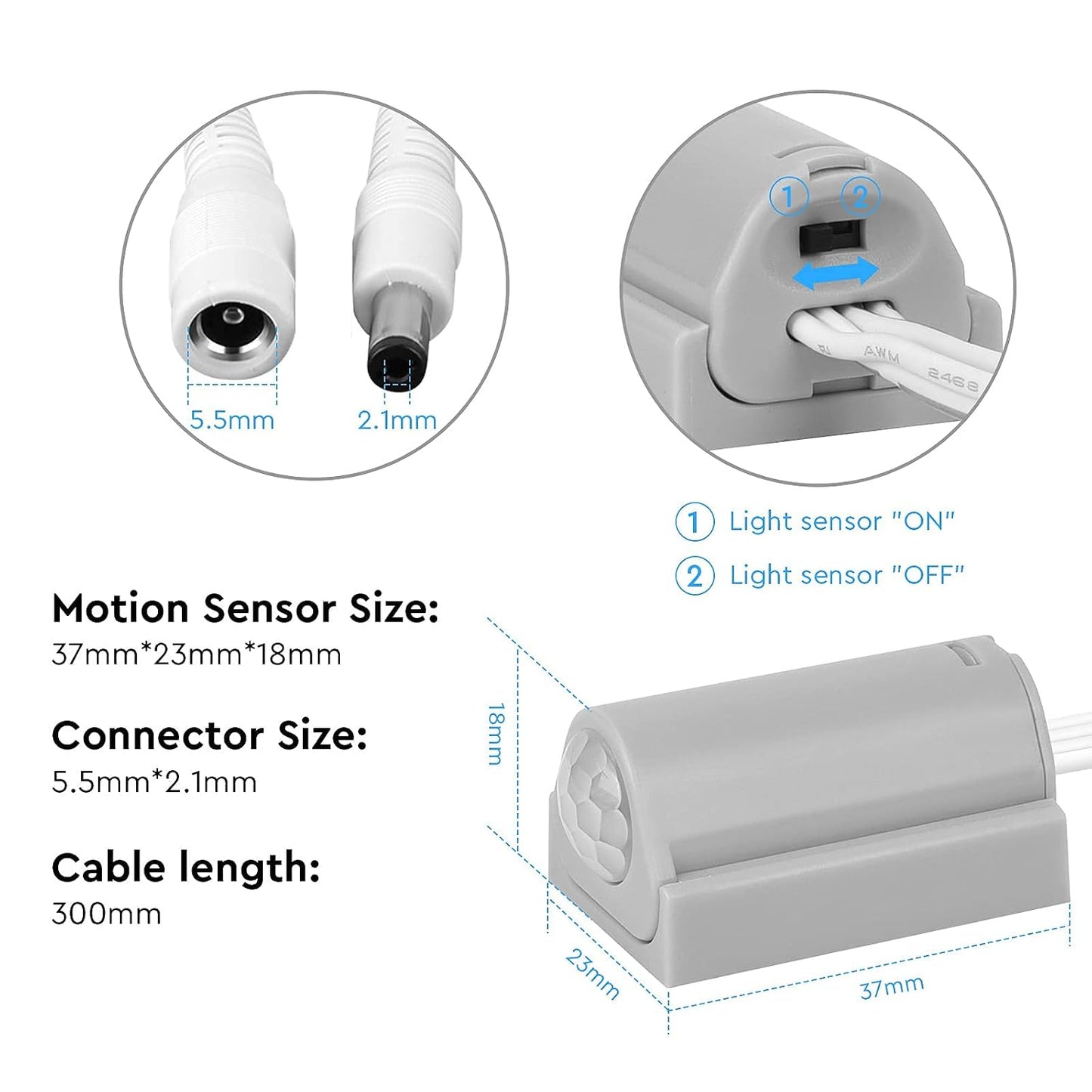 Litever PIR Motion Activated Sensor Switch Black with Light Sensor Function. DC6~24V 3A.DC 5.5x2.1mm Connectors. Perfect for DIY LED Lighting for Pantry Closet, In-Cabinet Gun Safe Cabinets, Bed light