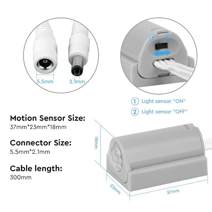 Litever PIR Motion Activated Sensor Switch Black with Light Sensor Function. DC6~24V 3A.DC 5.5x2.1mm Connectors. Perfect for DIY LED Lighting for Pantry Closet, In-Cabinet Gun Safe Cabinets, Bed light