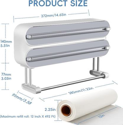 Magnetic Plastic Wrap Dispenser with Cutter,3 in 1 Aluminum Foil wrap Organizer,Upgrade Practical Refillable Cling Wrap Film Cutter，Wall Mount Kitchen Wrap Dispenser - Fits 12" Roll, White