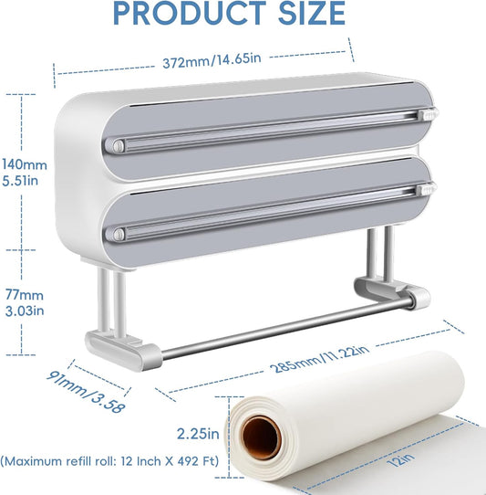 Magnetic Plastic Wrap Dispenser with Cutter,3 in 1 Aluminum Foil wrap Organizer,Upgrade Practical Refillable Cling Wrap Film Cutter，Wall Mount Kitchen Wrap Dispenser - Fits 12" Roll, White