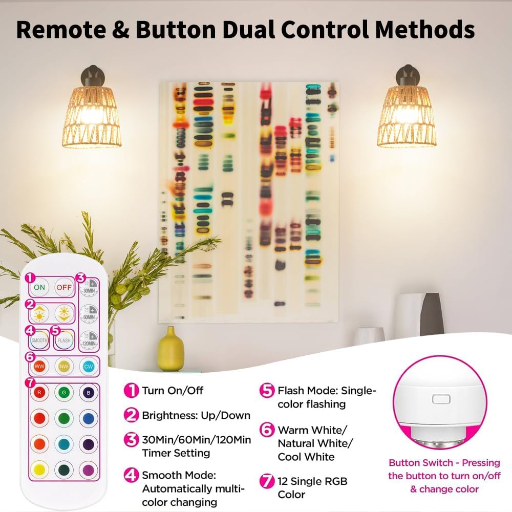 Boho Battery Operated Wall Sconces, Rattan Wall Sconce Set of 2 with Remote, RGB 15 Colors Dimmable Rechargeable Wall Light, Black Indoor Wireless Wall Lamp, Farmhouse Rattan Wall Lighting for Bedroom