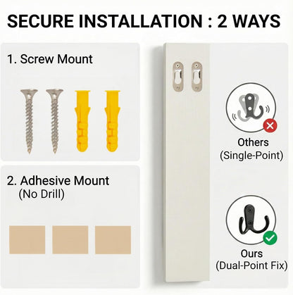 Vertical Key Holder for Wall & Dog Leash Holder – Solid Wood Wall Mount Key Rack with 8 Hooks – Small Space Saving Entryway Organizer for Keys, Lanyards, Masks (Adhesive or Screws) (White)