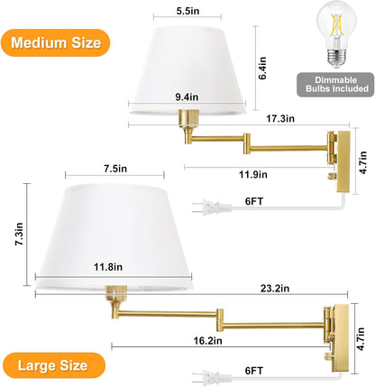 TRLIFE Wall Sconce Plug in, Dimmable Wall Sconces Set of Two Swing Arm Wall Lights with Plug in Cord and On/Off Dimmer Rotary Switch, 9.4" Medium Beige Fabric Shade(2 Pack, 2 Bulbs)