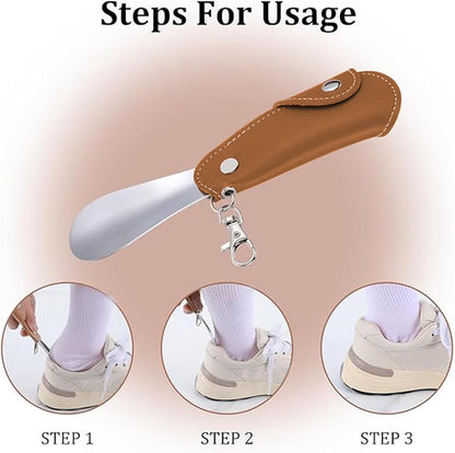 Metal Shoe Horn with Holster, 1 Pc Foldable Shoe Horn with Keychain, Travel Mini Stainless Steel Shoe Spoon