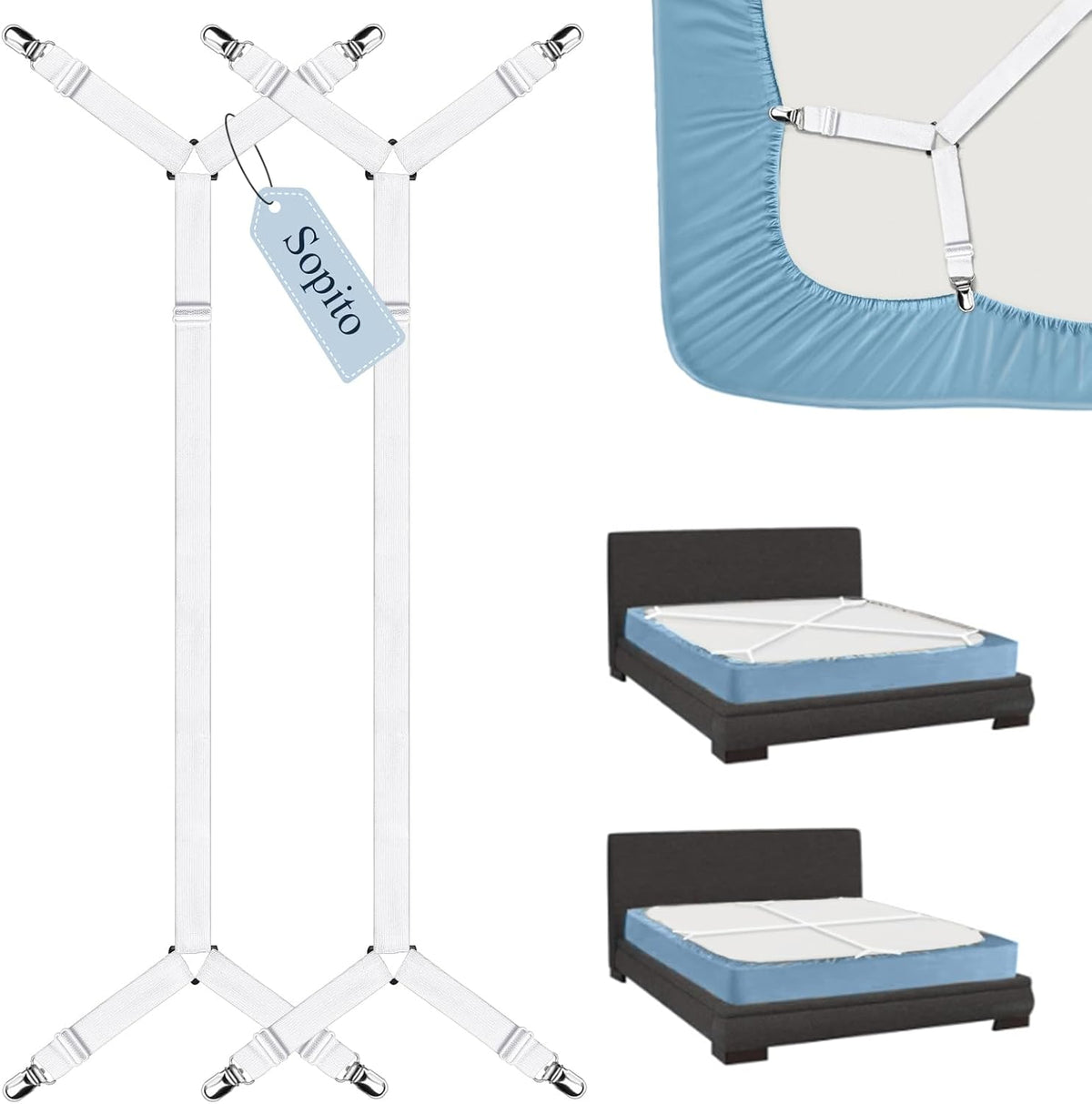 Sopito Sheet Straps, Adjustable Bed Sheet Suspenders Max Stretch from 29.5 in to 82.7 in Compatible for Crib to King Size Bed, Non Slip Holder Fasteners Clips, 2pcs/Black
