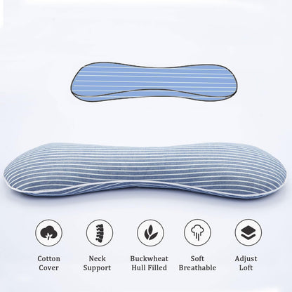 Buckwheat Pillow Cervical Neck Pillow, Buckwheat Hulls Filling Cooling Lumbar Support Pillow, Adjustable Firmness Ergonomic Design with Washable Cover, Blue 19"X7"
