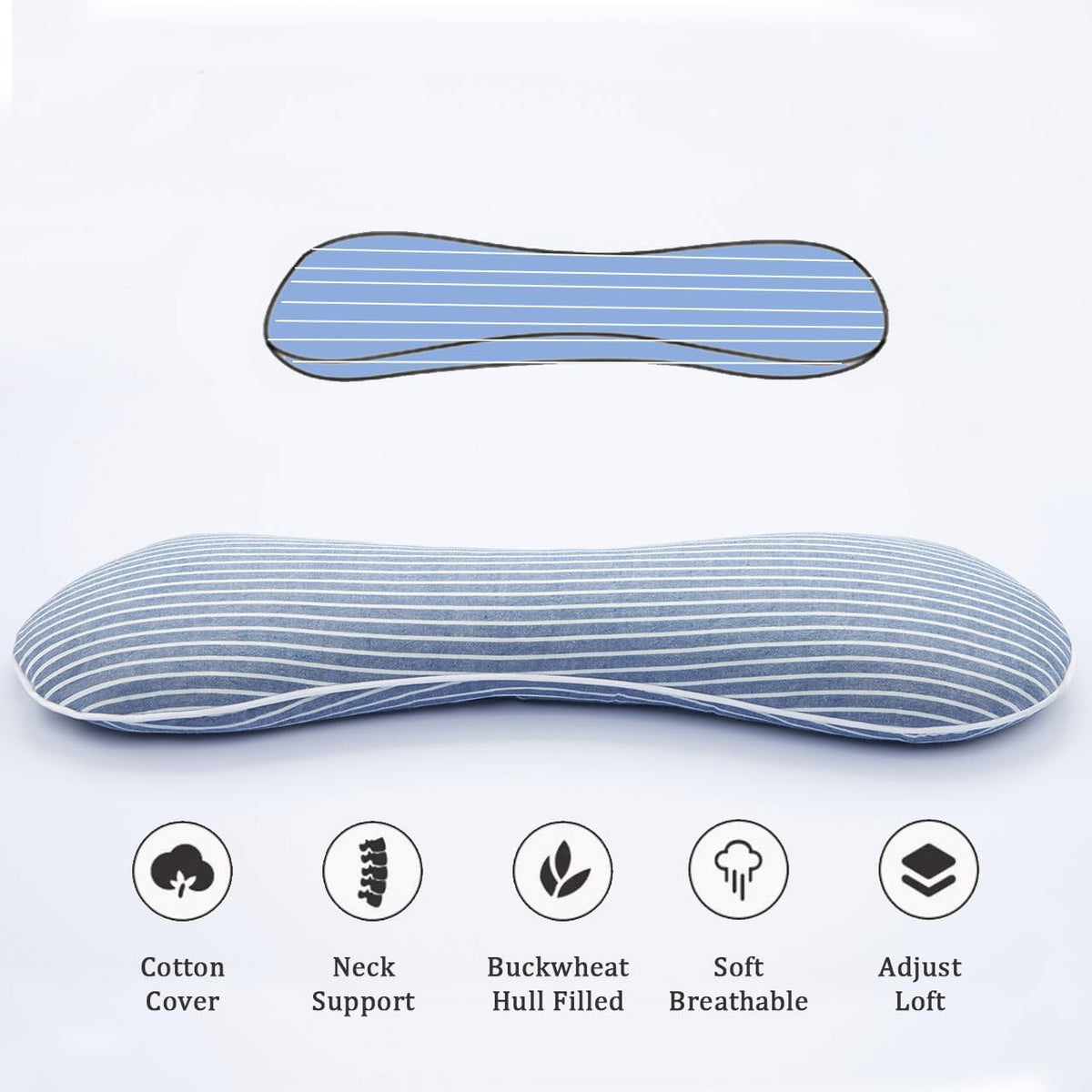 Buckwheat Pillow Cervical Neck Pillow, Buckwheat Hulls Filling Cooling Lumbar Support Pillow, Adjustable Firmness Ergonomic Design with Washable Cover, Blue 19"X7"