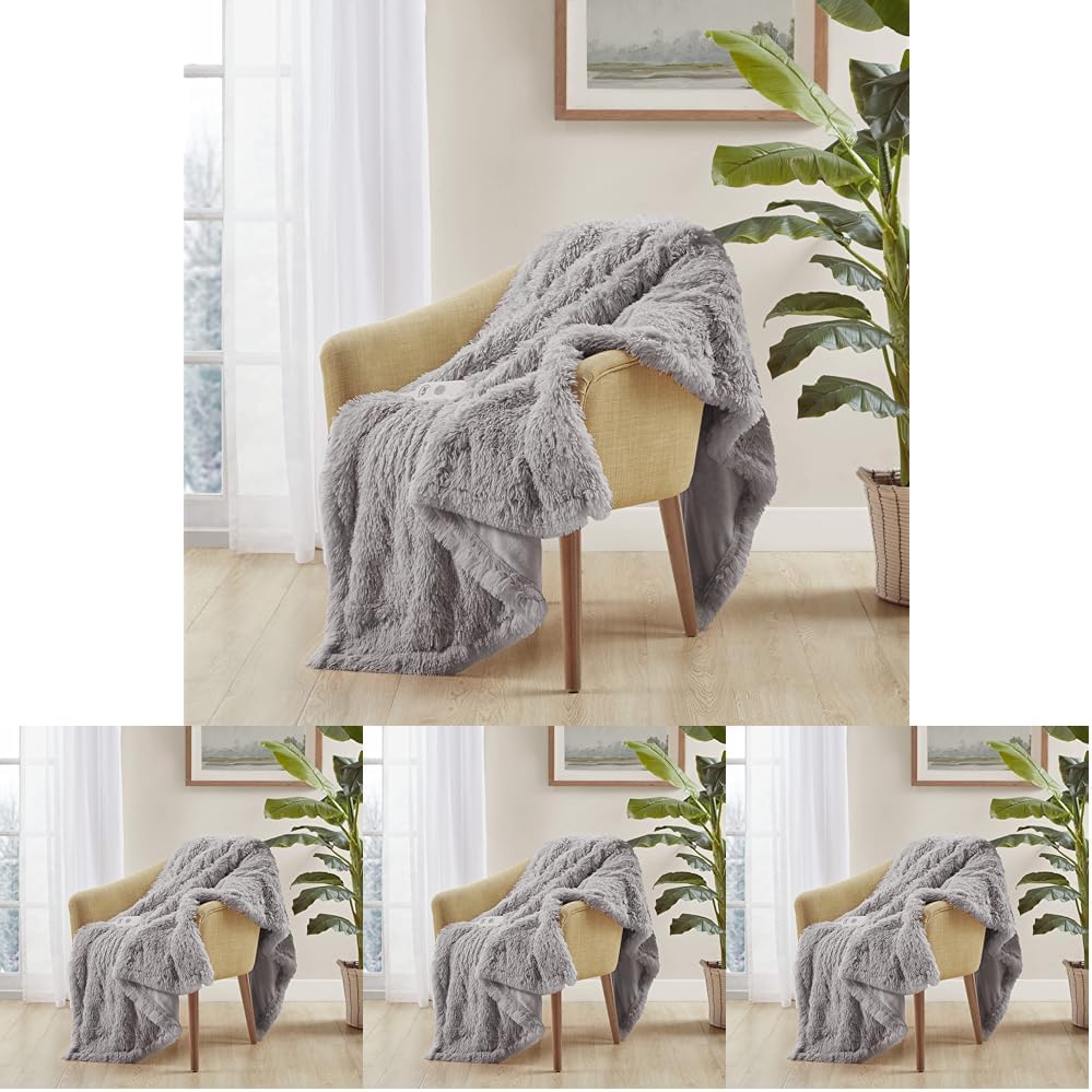 Serta Mila Shaggy Heated Throw Blanket - Soft Faux Fur Heated Blanket, Fast Heating, Auto Shut Off Timer, Low EMF, 5 Heat Setting, ETL Certified, Machine Washable Electric Blanket, Ash Grey 50"x60"
