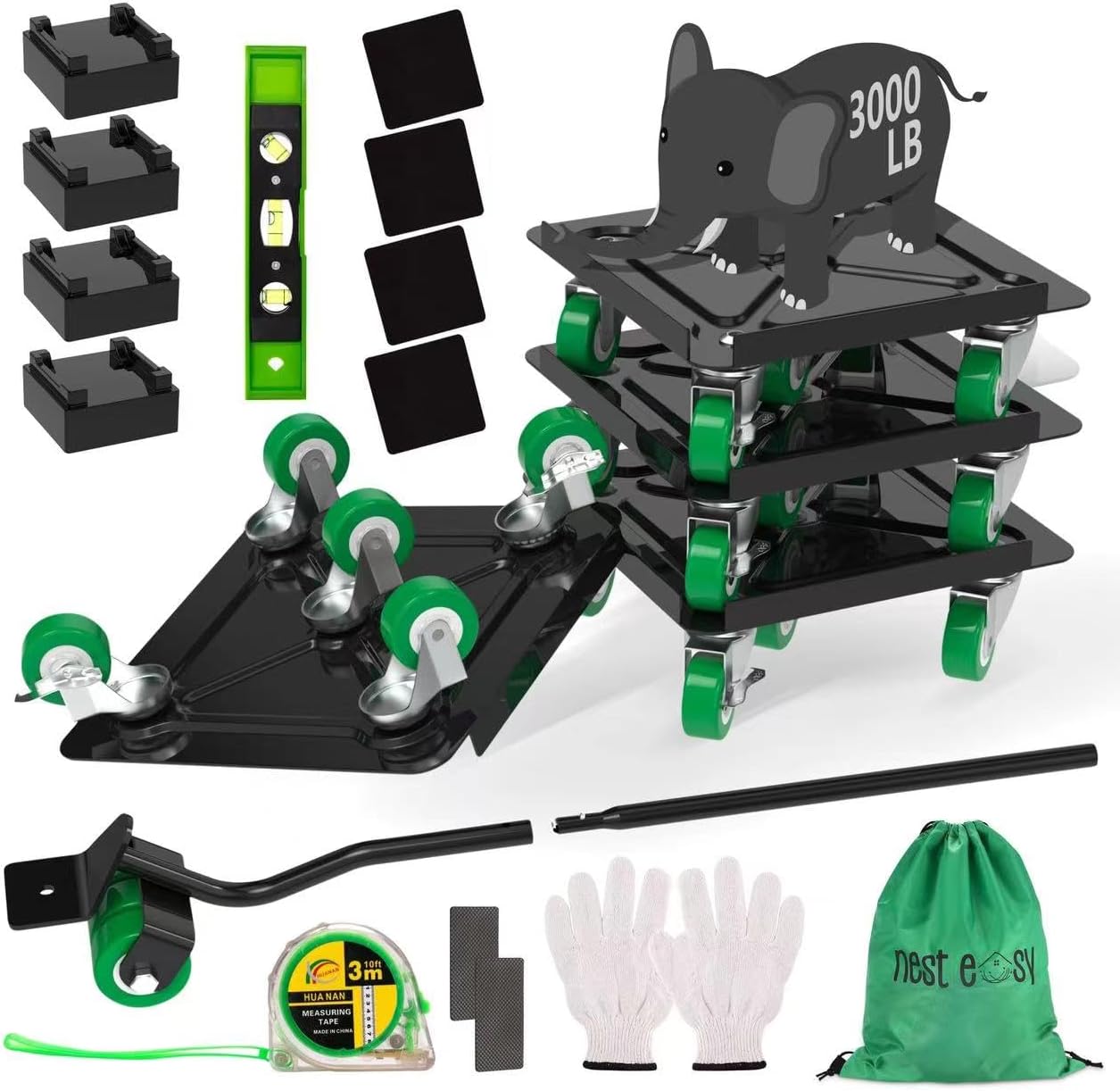 Heavy Duty Furniture Dolly 360 Rotate 5 Wheels 3000 Lbs Capacity 5.3x5.3 in | Furniture Movers with Green Wheels, Measure Tape & Leveler, Alloy Steel Furniture Lifter Tool for Smooth Home & Office Uses