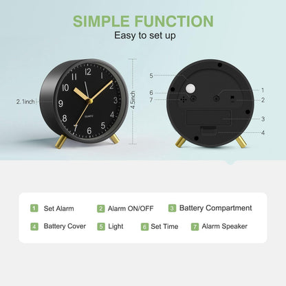 Back to School Silent Analog Quartz Alarm Clock for Kids Bedroom,Night Light, Battery Operated, Fashionable Round Metal