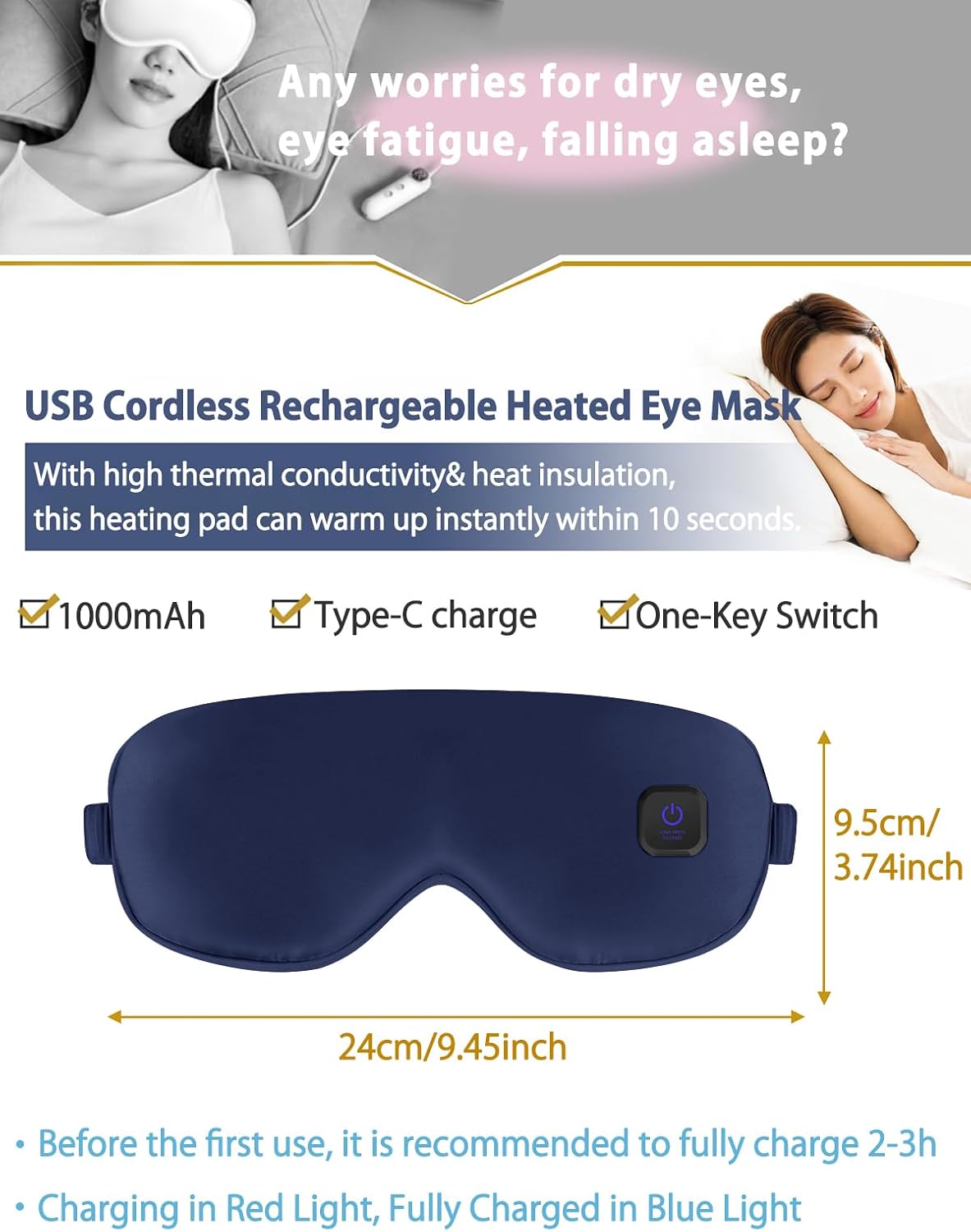 Dearan Upgraded 3 Temperature Modes Silk Heated Eye Mask Cordless,Rechargeable Warm Eye Heating Pad No Pressure for Dry Eyes, Sleep Eye Mask Christmas Gift for Men Women