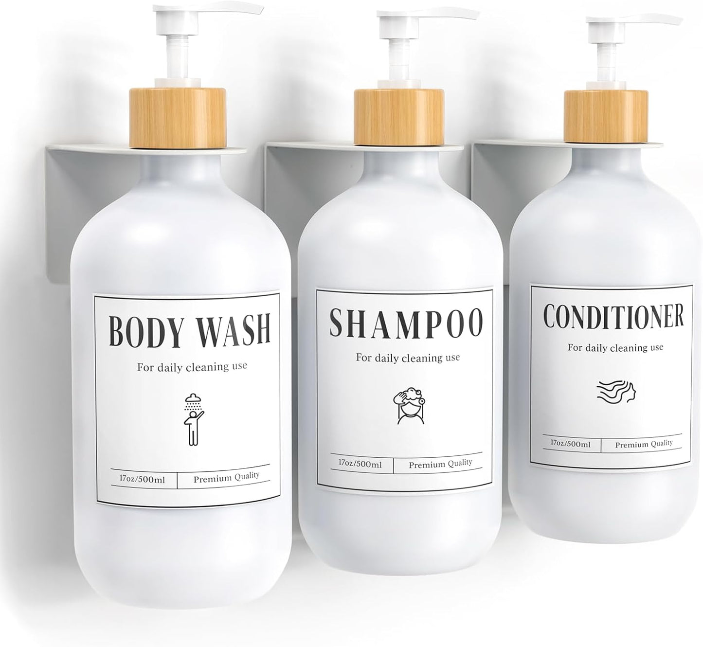 Luxspire 17oz Shampoo and Conditioner Dispenser 3 Sets for Bathroom, Black | Matte PET bottle, no-drill stainless bracket, detachable pump, dual wall/counter install with classification stickers