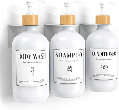 Luxspire 17oz Shampoo and Conditioner Dispenser 3 Sets for Bathroom, Black | Matte PET bottle, no-drill stainless bracket, detachable pump, dual wall/counter install with classification stickers