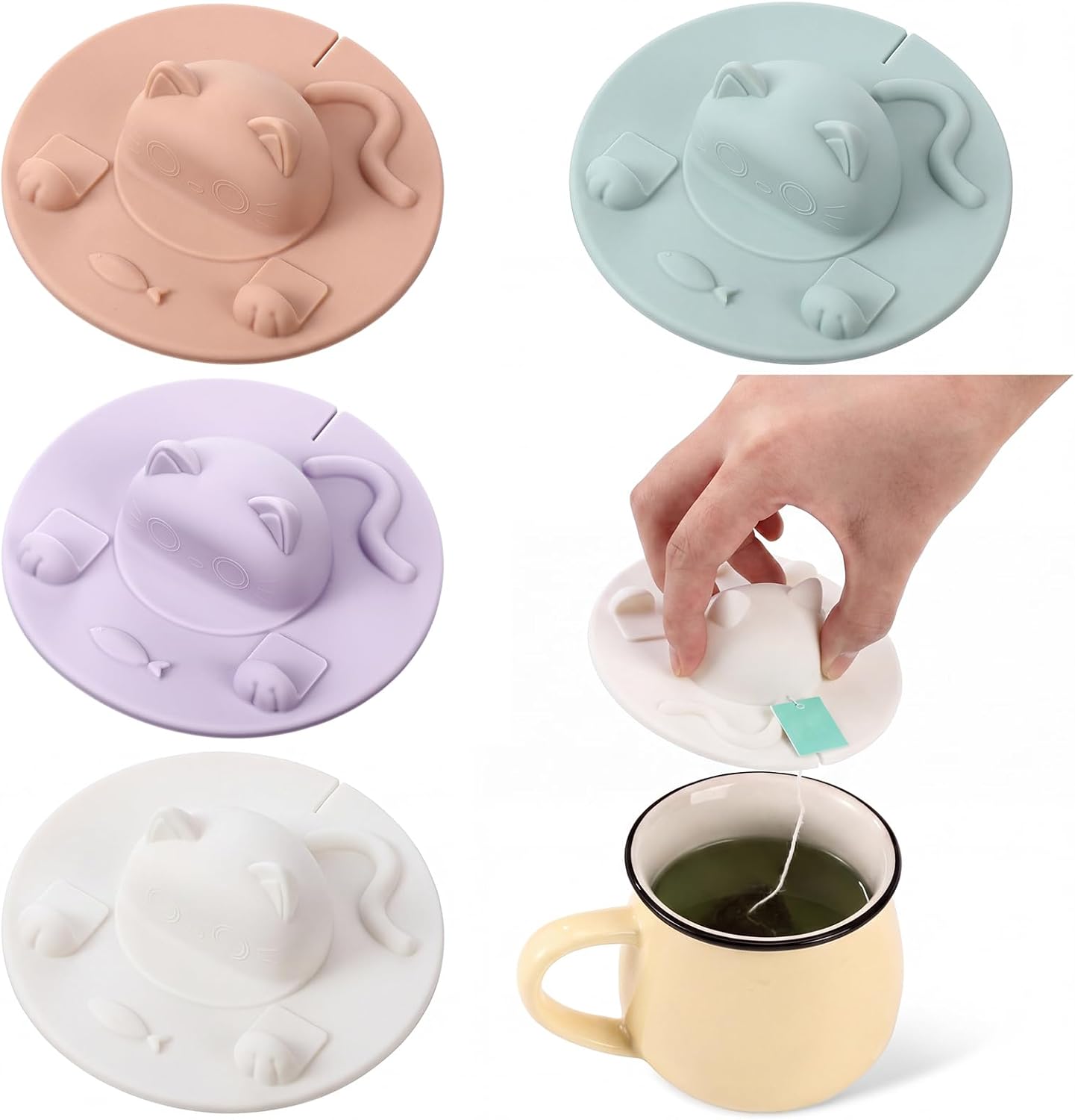 4 Pcs Tea Bag Squeezer 4 Inch Silicone Tea Bag Holder & Squeezer Dishwasher Safe Purple Cute Cat-shaped Cup Silicone Lids Warm Cover Supplies