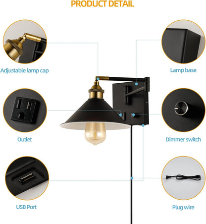 Bedside Wall Mount Light with Dimmable Switch and Outlet, Swing Arm Fabric Shade Wall Sconce Light with USB Port and Plug in Cord, Black Wall Lamp for Bedroom, Living Room and Hotel