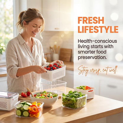 2026 Upgraded 4 in 1 Food Storage Container, Fruit Storage Containers for Fridge with Removable Colanders, Household Transparent Plastic Food Storage Box-Including Drain Basket (Blue,S+M)