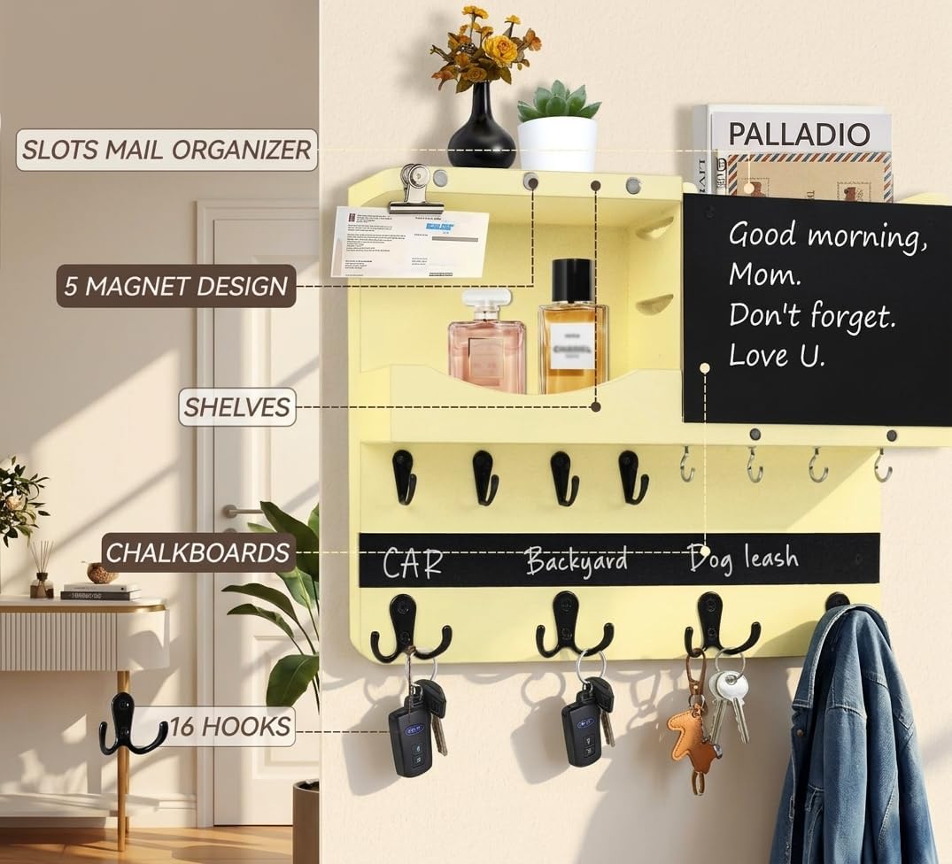 Key Holder for Wall Mount with Shelf and Mail Organizer, Key and Mail Holder with 16 Hooks, Farmhouse Entryway Organizer, Home Decor Rack (Pine Wood, White Washed)