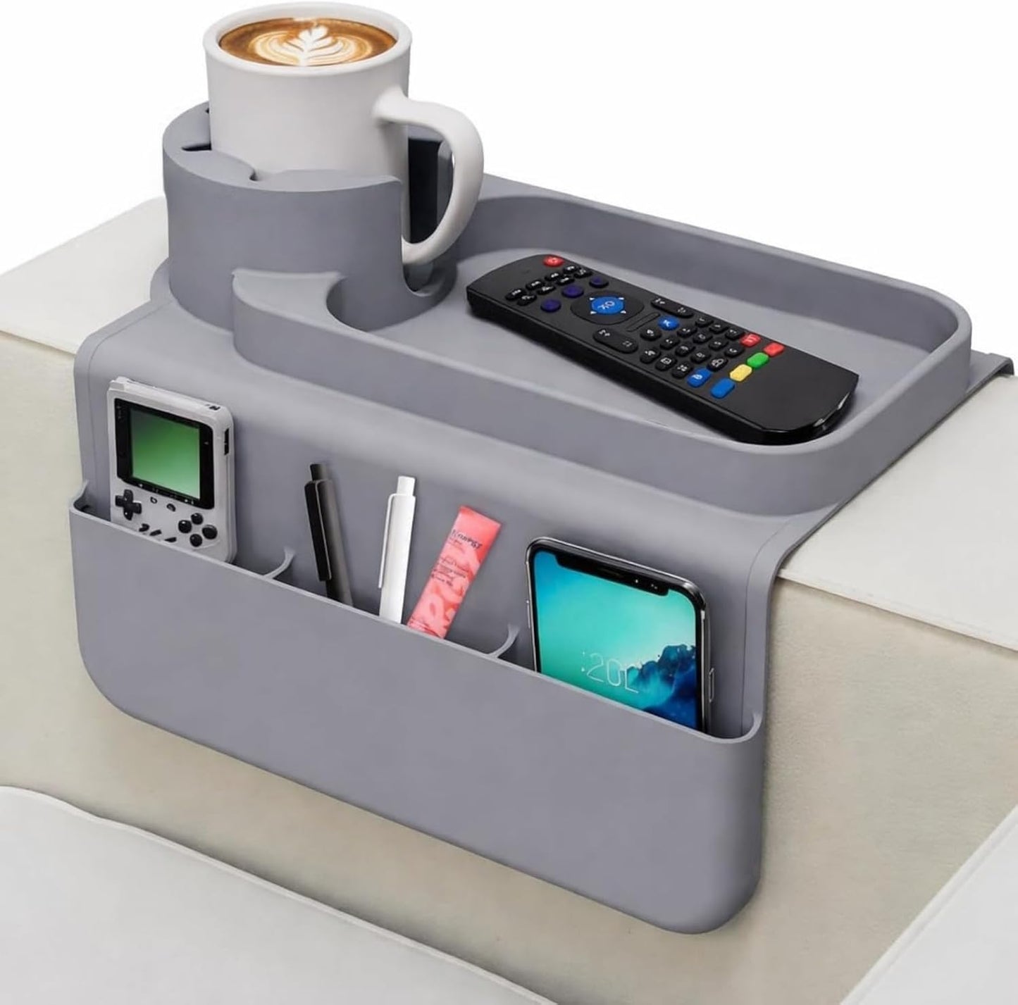 Silicone Couch Caddy Cup Holder Tray, 3-Side Sofa Armrest Organizer with Secure Gear-Shaped Locking Holder & Large Tablet Slot, Non-Slip Weighted Armchair Caddy, Couch Accessories (Grey)