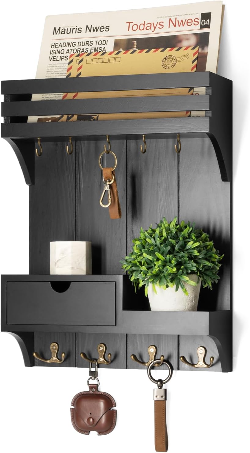 Rebee Vision Key Holder Wall Mount with Drawer Organizer for Entryway,Brown | Pine Wood, 6 Key Hooks, Display Shelf for Plants, Mail Slot for Storage Letter, Multi-Funtional Design, Home Storage