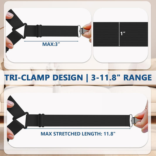 Adjustable Bed Sheet Straps with Metal Clips 4 Pack, Sheet Edge Clamp Holder for Fitted Sheets, Sofa Covers, Tablecloths and Curtains, Heavy Duty Elastic Fasteners Black