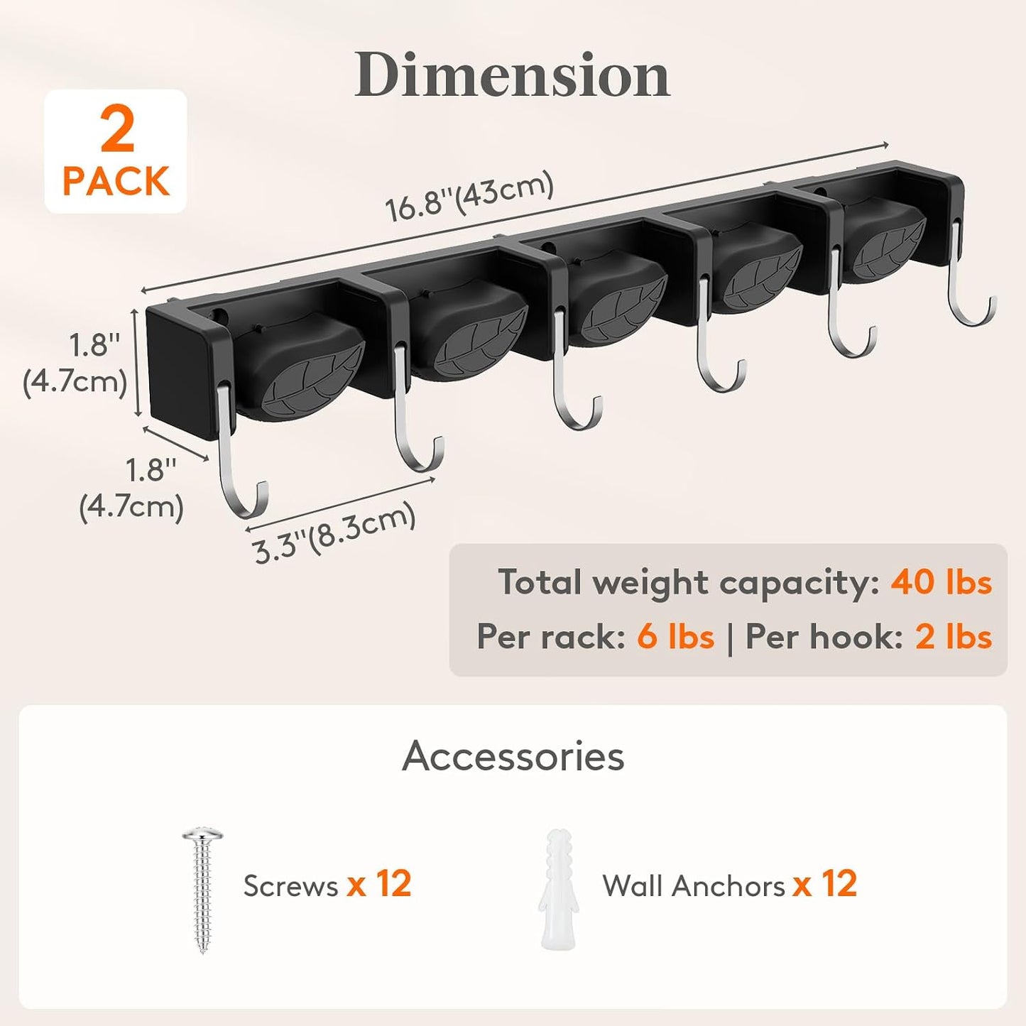 Lifewit Mop and Broom Holder Organizer Wall Mount Non-Slip, 1 Pack, Black | Easy Install One Handed Push Cleaning Tool Hanger with 6 Hooks 5 Slots, Heavy Duty Hanging Utility Rack for Garden, Garage
