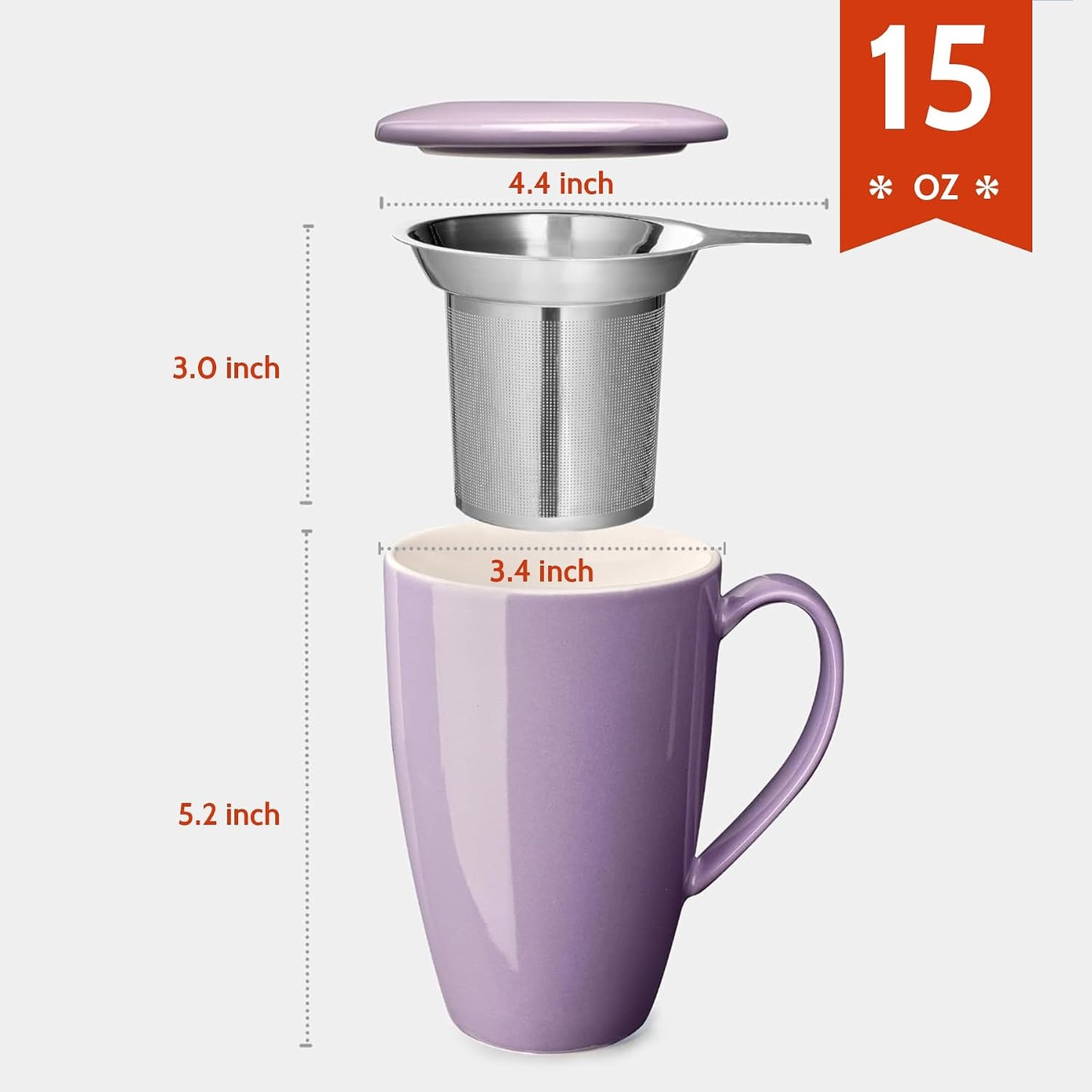Sweese 15oz Porcelain Tea Mug with Infuser and Lid – Microwave Safe, Ergonomic Handle, Lead-Free Glaze, for Loose Leaf Tea