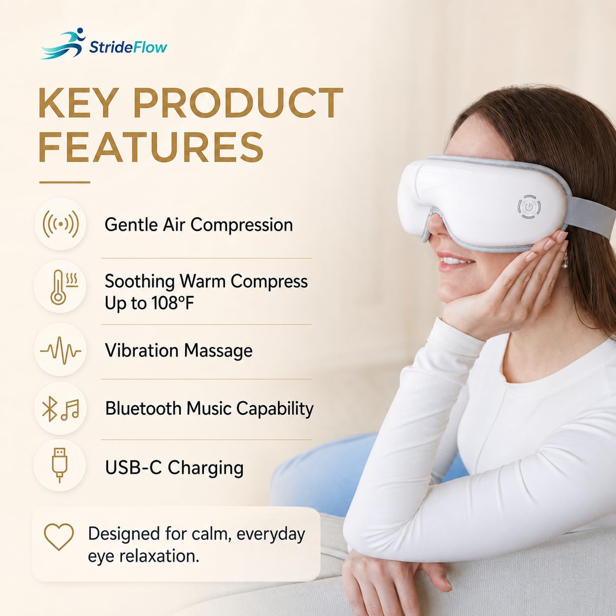 STRIDEFLOW Eye Massager with Heat, Migraine Mask & Headache Relief, FSA Eligible/HSA Eligible, Dry Eye Relief, GENTLE Warmth & LIGHT Compression, Cooling Gel Eye Mask, Foldable Rechargeable