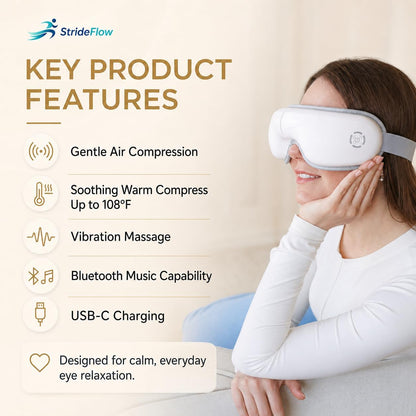 STRIDEFLOW Eye Massager with Heat, Migraine Mask & Headache Relief, FSA Eligible/HSA Eligible, Dry Eye Relief, GENTLE Warmth & LIGHT Compression, Cooling Gel Eye Mask, Foldable Rechargeable
