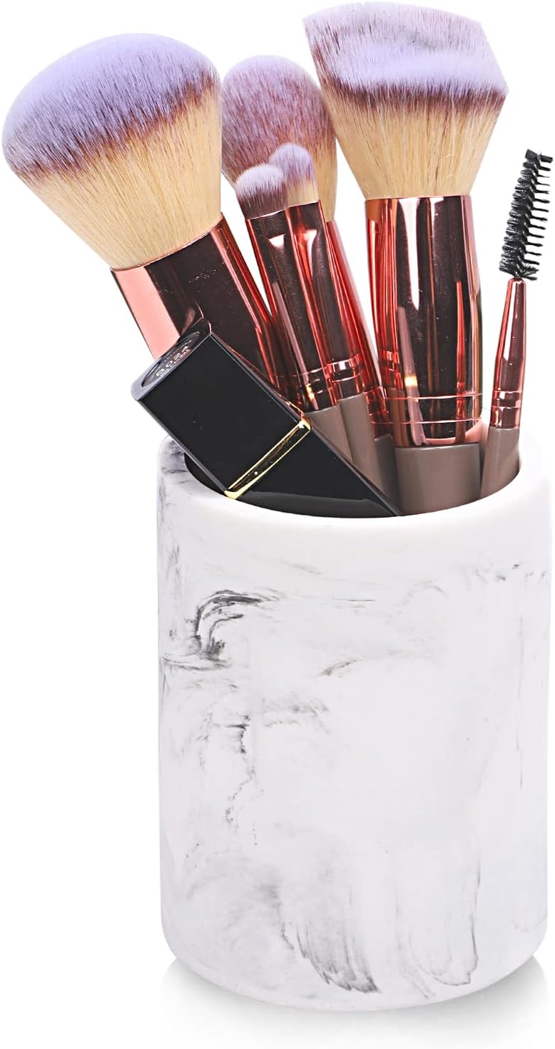 Marble Look Toothbrush Holder for Bathroom Countertop Organizer, Holds Toothpaste, Dental Floss, Razor, Comb, Makeup Brushes, and More, Stylish Bathroom Accessory for Tooth Brushing Essentials