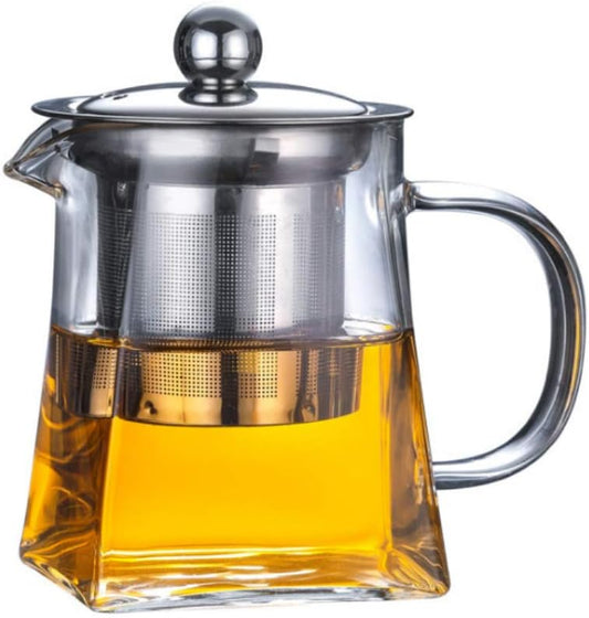 Glass Teapot with Stainless Steel Infuser & Lid, Borosilicate Glass Tea Kettle Stovetop Safe, Blooming & Loose Leaf Teapot,Glass Square Pot (350ML/12oz)