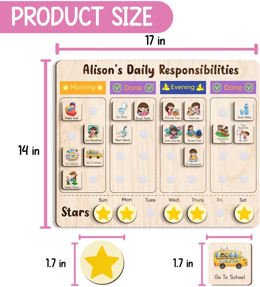 Daily Routine Chart for Kids, Visual Schedule, Routine Chart for Toddlers 3-5, Morning Bedtime Routine Chart for Toddlers, Wooden Chore Chart for Kids