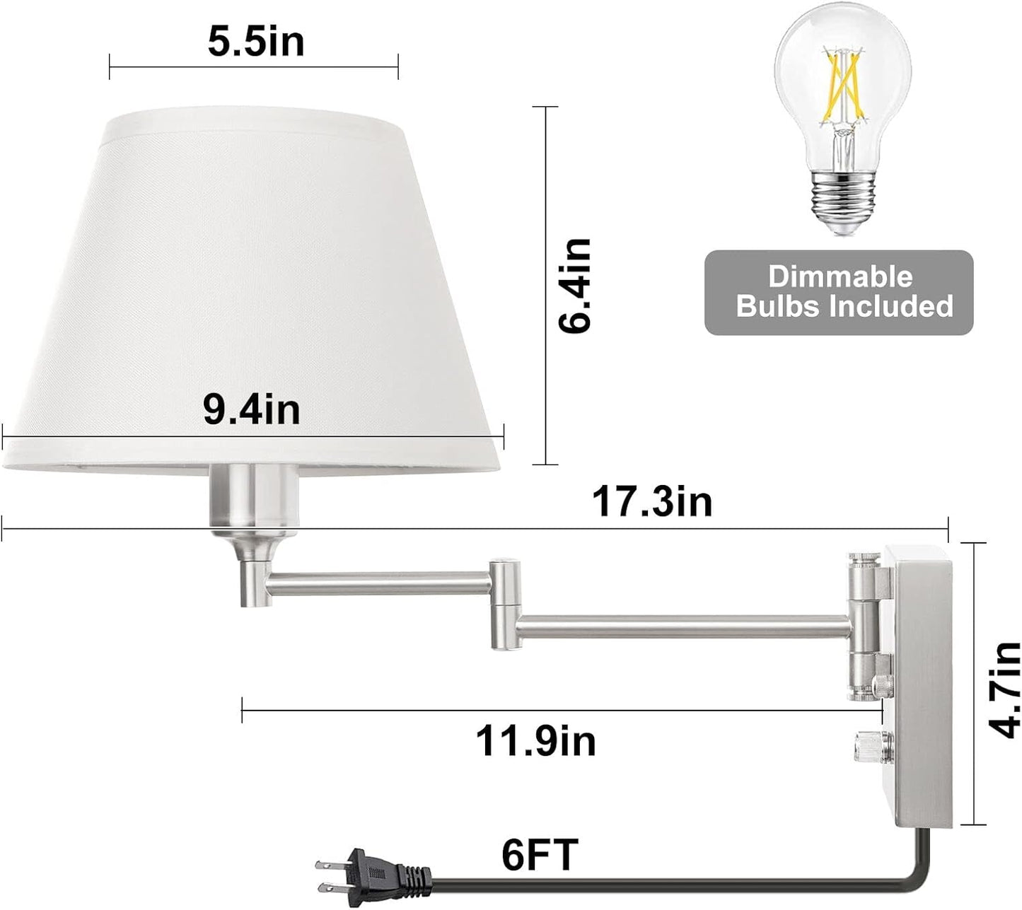 TRLIFE Wall Sconce Plug in, Dimmable Wall Sconces Set of Two Swing Arm Wall Lights with Plug in Cord and On/Off Dimmer Rotary Switch, 9.4" Medium Beige Fabric Shade(2 Pack, 2 Bulbs)