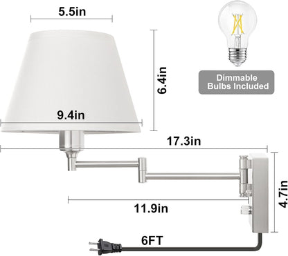TRLIFE Wall Sconce Plug in, Dimmable Wall Sconces Set of Two Swing Arm Wall Lights with Plug in Cord and On/Off Dimmer Rotary Switch, 9.4" Medium Beige Fabric Shade(2 Pack, 2 Bulbs)
