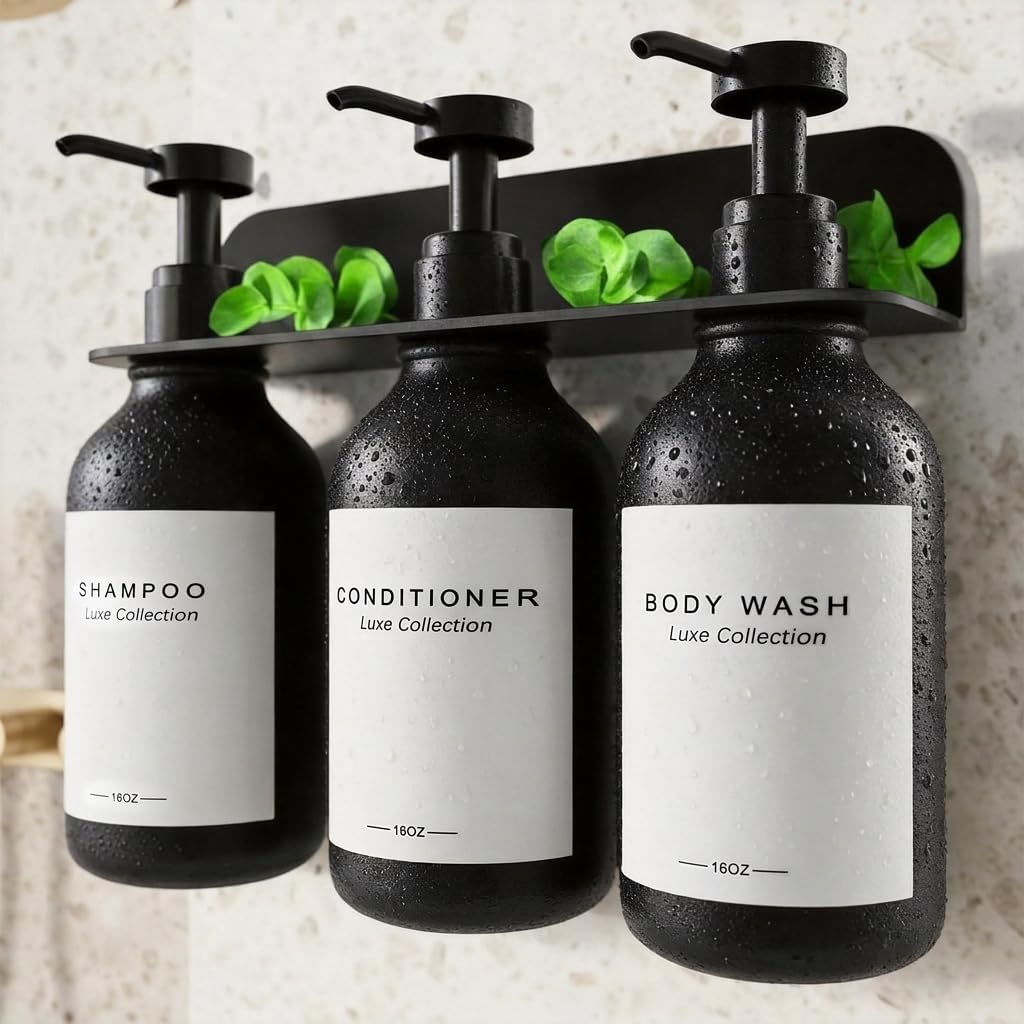 Refillable Shampoo and Conditioner Shower Dispenser Set of 3 - Wall Mounted | 3 Chamber Dispensers for Bathroom. No Drill Pump with Bottles for Soap and Body Wash. Matte Black Bottle with Labels (16oz)