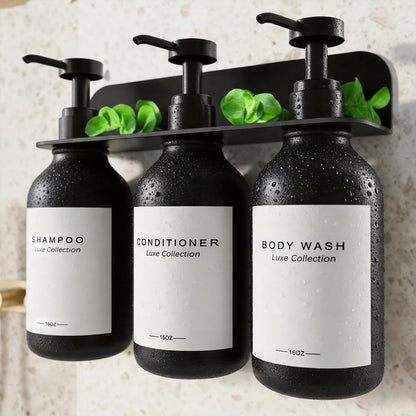 Refillable Shampoo and Conditioner Shower Dispenser Set of 3 - Wall Mounted | 3 Chamber Dispensers for Bathroom. No Drill Pump with Bottles for Soap and Body Wash. Matte Black Bottle with Labels (16oz)