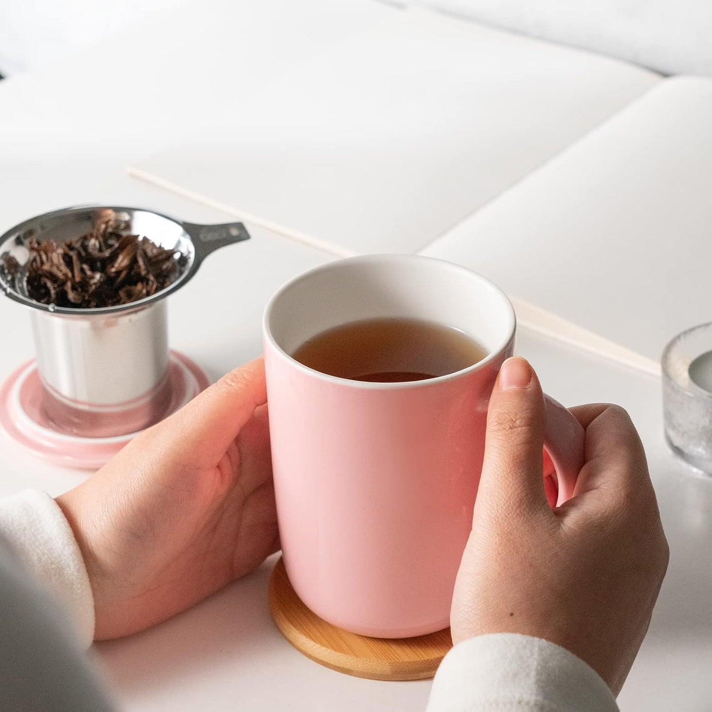 CEEFU 16oz Porcelain Tea Mug with Infuser, Lid and Coaster | Teaware with Filter, Loose Leaf Tea Cup Steeper Maker, Tea/Coffee/Milk/Women/Office/Home/Gift, Navy Blue