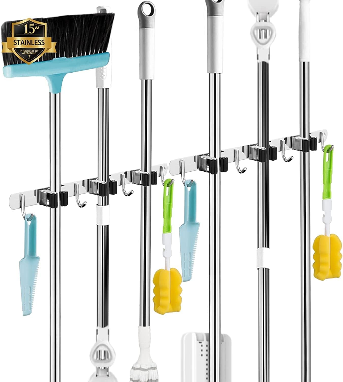 AceMining Broom Holder Wall Mount, 5 Racks 4 Hooks Heavy Duty Mop Organizer | Mop Holder Wall Mount and Broom Hanger for Garage, Laundry Room, Kitchen and Utility Storage