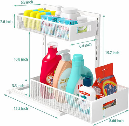 Petiza Under Sink Organizer Adjustable Height 2 Tier Bathroom Organizer Pull Out Cabinet Organer kitchen organizers and storage fridge organizers and storage,White,XL-1 Pack