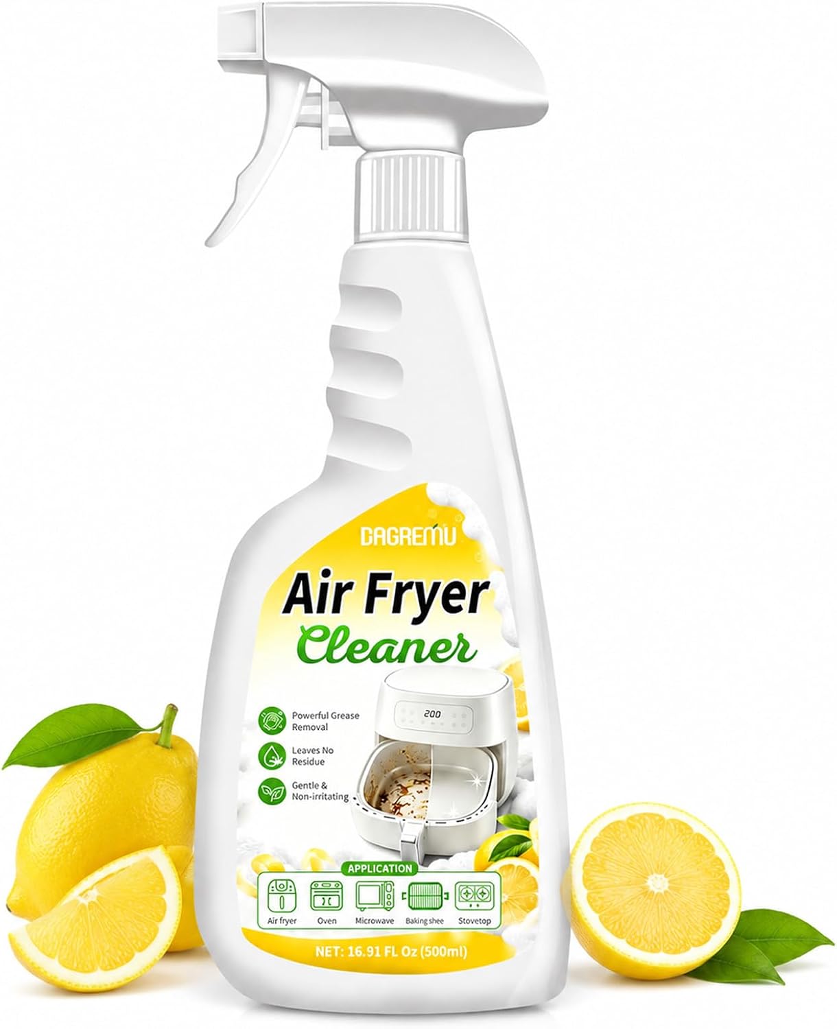 2-in-1 Air Fryer Foaming Cleaner Spray, Lemon Scent, 500ml | Heavy-Duty Degreaser & Grease Remover, Removes Baked-On Food & Oil, Non-Abrasive, Residue-Free