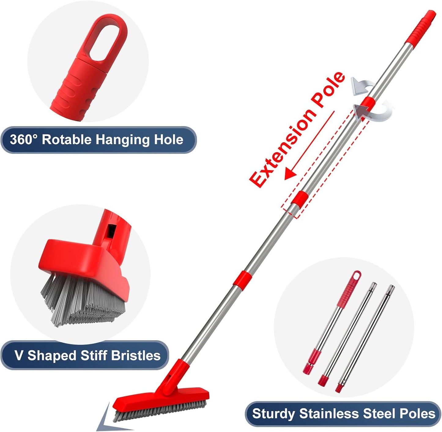 2 Pack Grout Brush with Long Handle, 56.5'' Swivel Grout Cleaning Brush,V-Shape Grout Scrub Brush, Extendable Handle Grout Cleaner Brush for Tile Floors，Bathroom,Baseboard,Shower,Corner