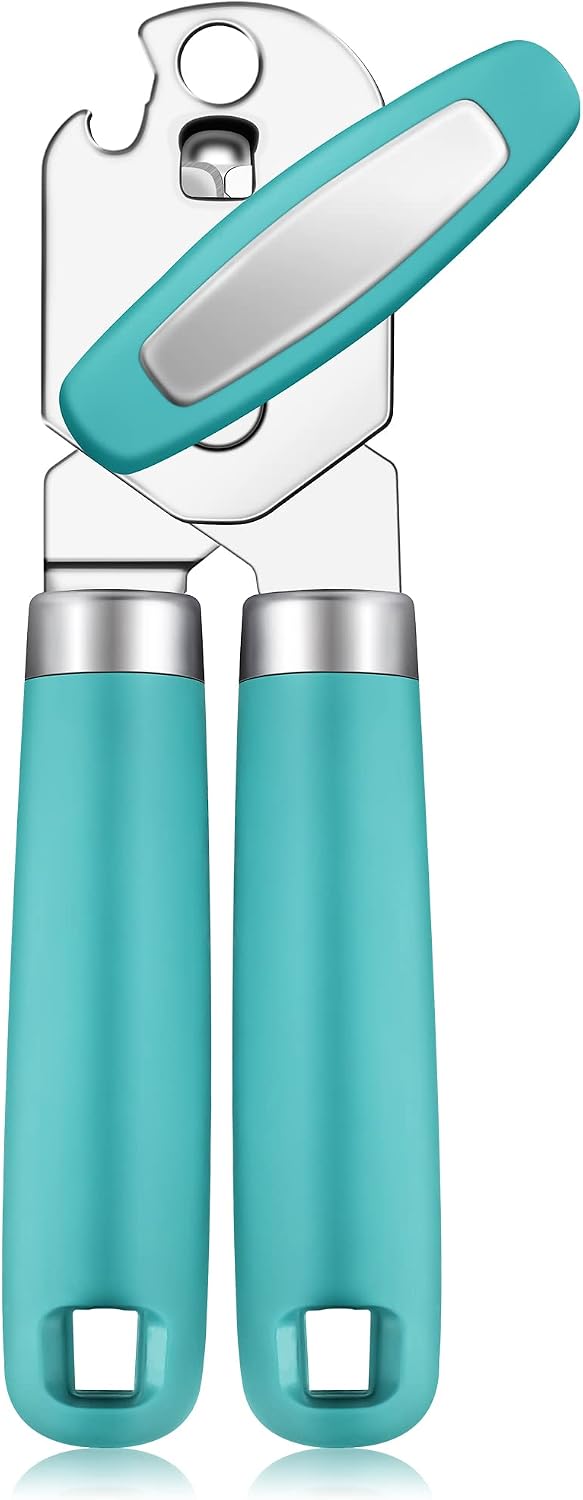 Rainspire Can Opener Manual Handheld Strong Manual Can Opener Smooth Edge Cut, Can Opener Heavy Duty, Comfortable Soft Handle, Built-in Bottle Opener, Turquoise