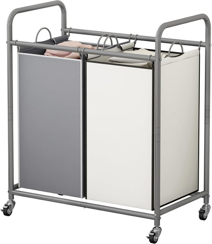 SUOERNUO Laundry Hamper with Lockable Wheels and 2 Removable Bags | Rolling Laundry Basket Laundry Sorter 2 section for Dirty Clothes in Laundry Room or Small Spaces, Grey+Beige