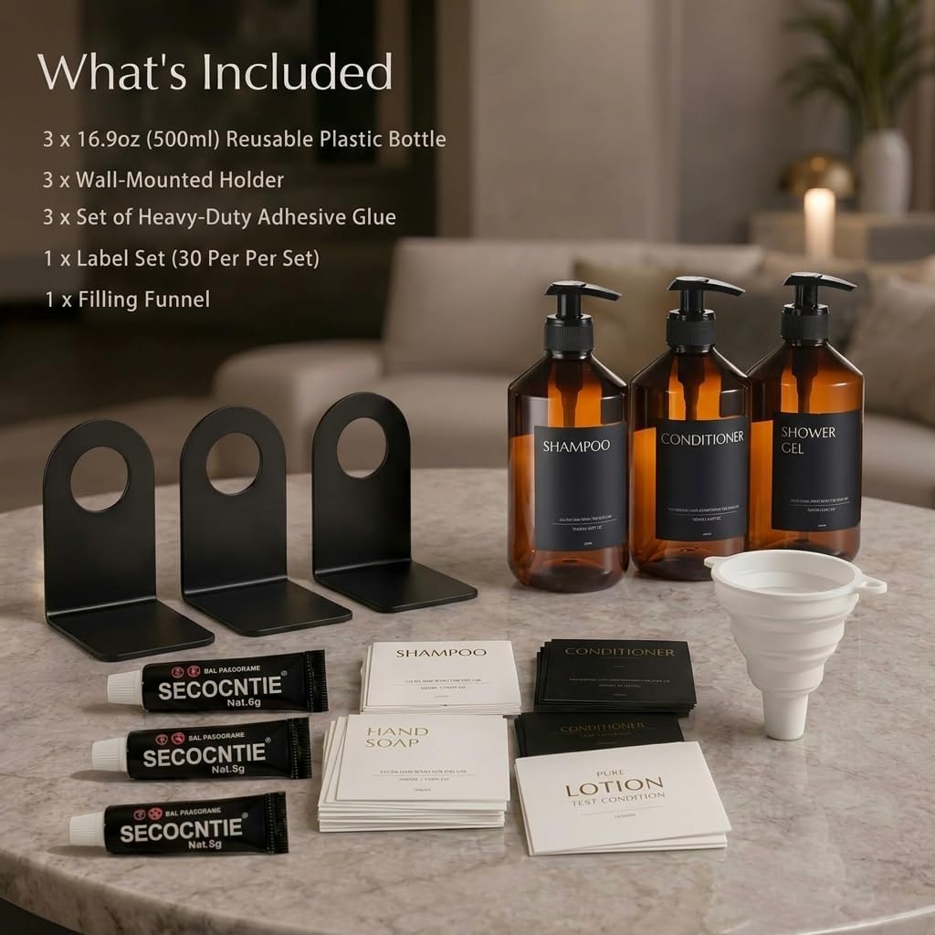 Shampoo and Conditioner Dispenser Set of 3 for Wall Mount | 16.9 fl oz Drill Free Shower Soap Bottles,Refillable Body Wash Dispensers for Bathroom Decor (Amber Bottles + Bamboo Pumps)