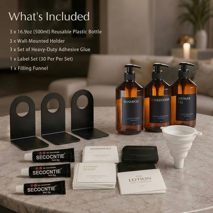 Shampoo and Conditioner Dispenser Set of 3 for Wall Mount | 16.9 fl oz Drill Free Shower Soap Bottles,Refillable Body Wash Dispensers for Bathroom Decor (Amber Bottles + Bamboo Pumps)