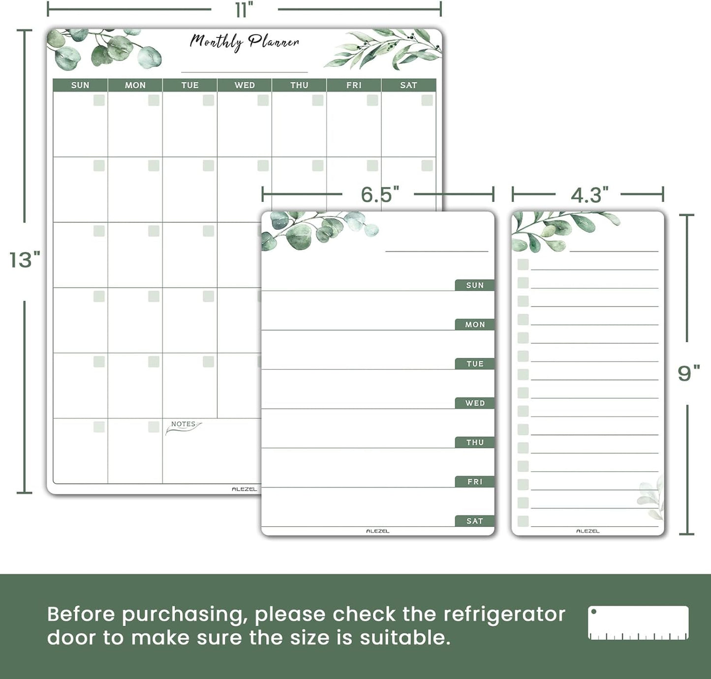 ALEZEL Magnetic Dry Erase Calendar for Refrigerator, Fridge Calendar Set | Includes Vertical Magnetic Monthly Planner Whiteboard & Weekly Dry Erase Board, List Board, 4 Markers + Eraser