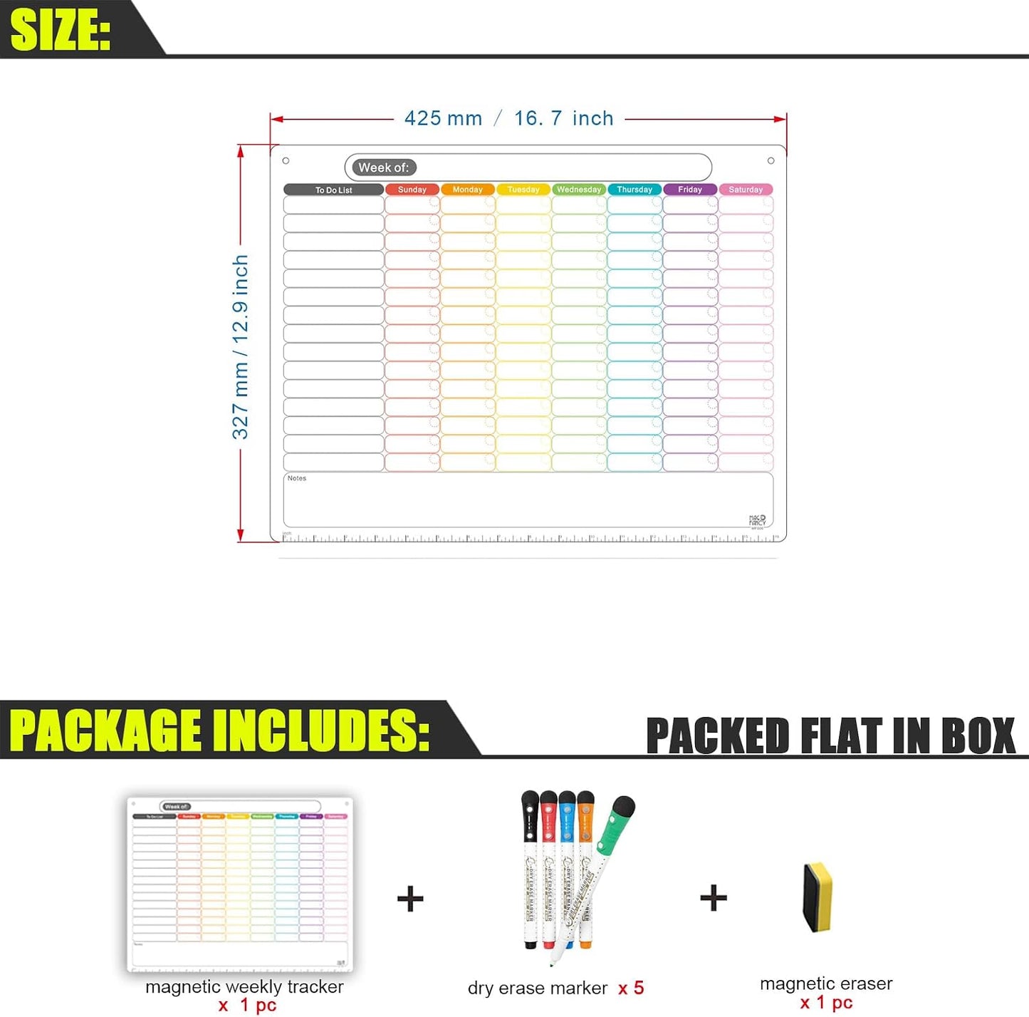 Magnetic Calendar for Fridge, Dry Erase Weekly Planner, 13" x 16.9" | Strong Magnetic Hold, Vertical Weekly Layout, Large Daily Spaces, Easy to Clean, Color-Coded, Dual-Magnet Markers & Eraser