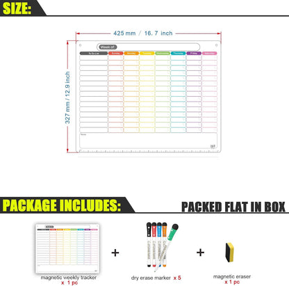 Magnetic Calendar for Fridge, Dry Erase Weekly Planner, 13" x 16.9" | Strong Magnetic Hold, Vertical Weekly Layout, Large Daily Spaces, Easy to Clean, Color-Coded, Dual-Magnet Markers & Eraser
