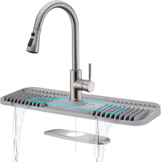 Kingmall 2nd Generation Silicone Faucet Mat, Kitchen Faucet Drip Catcher with Cuttable Circular Center for Kitchen Sink, Tailor-Made for Faucets with Deck Plate, Food Grade Silicone, Light Grey