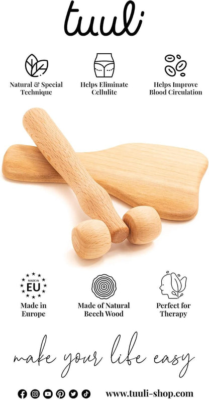 tuuli Body and Face Roller, Multi-Functional Wooden Massage Roller, Helps Ease Muscle Tension and Support Skin Health, Natural Face Massage Tools, Set of 2 (2 piece set A)